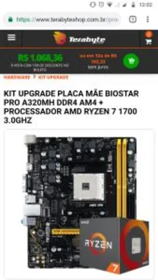 Saindo por R$ 1068: KIT UPGRADE PLACA MÃE BIOSTAR PRO A320MH DDR4 AM4 + PROCESSADOR AMD RYZEN 7 1700 3.0GHZ | R$1.068 | Pelando