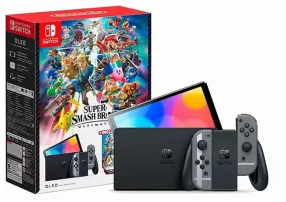 Console Nintendo Switch Oled Cinza com Jogo Super Smash Bros