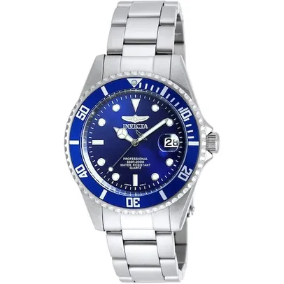 Relógio de quartzo de aço inoxidável Invicta`s Pro Diver 37,5mm com moldura de borda da moeda, prata