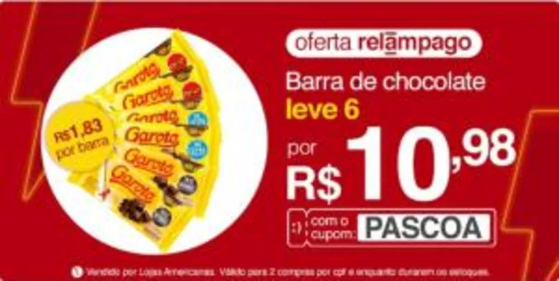 6 Barras de chocolate Garoto por R$11