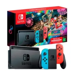 Console Nintendo Switch + Joy-Con Neon + Mario Kart 8 Deluxe + 3 Meses de Assinatura Nintendo Switch Online, Azul e Vermelho - HBDSKABL2