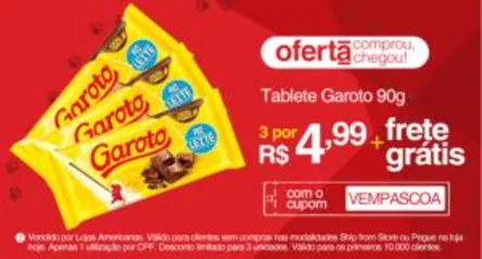 [APP] 3 Tabletes Garoto 90g sabores | R$4,99