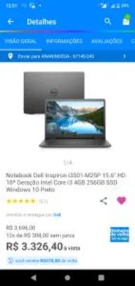 Notebook Dell Inspiron 15.6" HD 10ª Geração Intel Core i3 4GB 256GB SSD | R$2.776