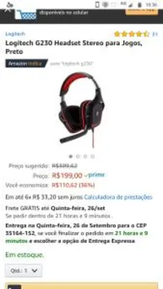 (Amazon Prime) Logitech G230 Headset Stereo para Jogos, Preto