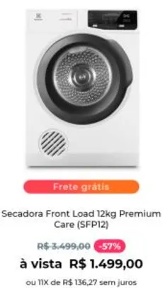 Secadora Front Load 12kg Premium Care Electrolux (SFP12) - 220V | R$ 1424