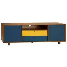 Rack Vintage 2 Gavetas 2 Portas Nogal/Azul Escuro E Amarelo Máxima | R$970