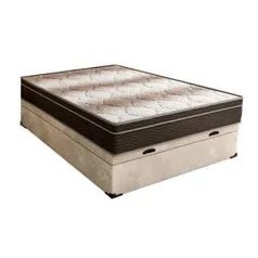 Cama Box Casal Premium com Baú Corino Branco e Colchão Ortobom D28 Marrom e Branco por R$ 481