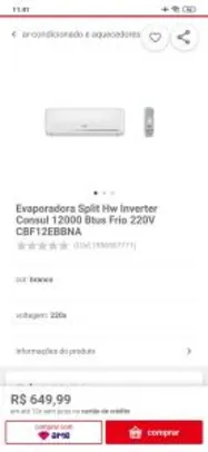 Evaporadora Split Hw Inverter Consul 12000 Btus Frio 220V CBF12EBBNA R$650
