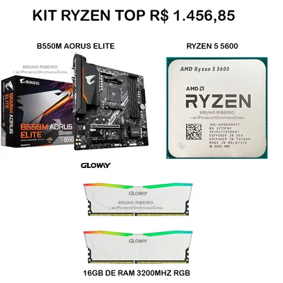 Kit Upgrade | AMD Ryzen 5 5600 + Mobo B550M Aorus Elite + Memória RAM Gloway 2x8GB 3200MHz RGB