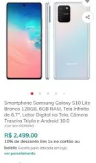 Samsung S10 Lite Branco 128GB, 6GB RAM | R$2499