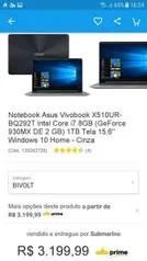 Notebook Asus Vivobook X510UR-BQ292T Intel Core i7 8GB (GeForce 930MX DE 2 GB por R$ 3200