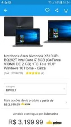 Notebook Asus Vivobook X510UR-BQ292T Intel Core i7 8GB (GeForce 930MX DE 2 GB por R$ 3200