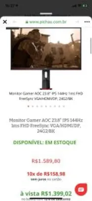 MONITOR GAMER AOC 23.8" IPS 144HZ 1MS FHD FREESYNC R$ 1399