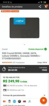 SSD Crucial BX500, 240GB, SATA, Leitura 540MB/s, Gravação 500MB/s - CT240BX500SSD1