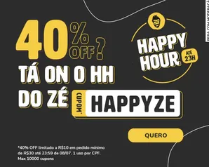 Use Cupom Zé Delivery e ganhe 40% de desconto limitado a R$10 (mín. R$30)