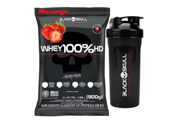 Refil Whey Protein 100% Coqueteleira 600ml - Kit Black Skull Whey Isoloado Concentrado Hidrolisado + Shakeira 600ml