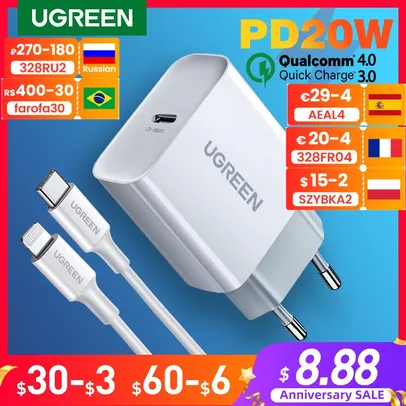 [Novos Usuários] Carregador UGREEN Quick Charge 4.0 3.0 QC PD Charger 20W 