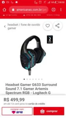 Headset Gamer G633 Surround Sound 7.1 Gamer Artemis Spectrum RGB - Logitech G R$400