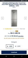 Geladeira/Refrigerador Frost Free Inox 454L Bottom Electrolux (DB53X) - 127V | R$2.834