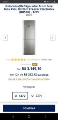 Geladeira/Refrigerador Frost Free Inox 454L Bottom Electrolux (DB53X) - 127V | R$2.834
