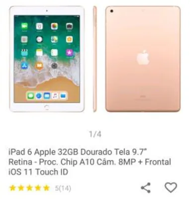 iPad 6 Apple 32GB Dourado Tela 9.7” Retina - Proc. Chip A10 Câm. 8MP + Frontal iOS 11 Touch ID | R$1.692