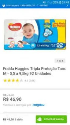 Fralda Huggies Tripla Proteção Tam. M - 5,5 a 9,5kg 92 Unidades R$ 47