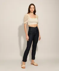 Calça Jeans Feminina Reta Cintura Média Azul Escuro