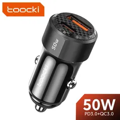 [Taxa inclusa] Carregador Veicular Toocki 50W com Duas Saídas (20W + 30W) - Carregamento Rápido, QC, PD