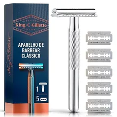 KING C. GILLETTE, Aparelho de Barbear Clássico + 5 Lâminas de barbear com Duplo Fio, aço inoxidável, Barbeador para homens, Cuidado para Barba