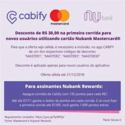 [1ª Corrida] R$30 OFF utilizando Cartão Mastercard na Cabify
