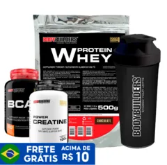 Kit Whey Protein 500g, BCAA 4,5 100g, Creatine 100g, Coqueteleira – Bodybuilders