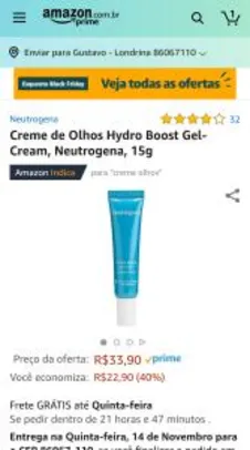 Creme de Olhos Hydro Boost Gel-Cream, Neutrogena, 15g R$34