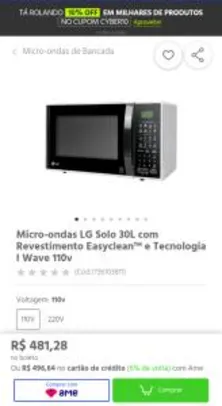 Micro-ondas LG Solo 30L com Revestimento Easyclean™ e Tecnologia I Wave 110v | R$482
