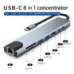 [Taxa inclusa] HUB USB-C 8 em 1 em Alumínio - RJ45, HDMI, USB 3.0, USB C, Leitor de Cartão de Memória