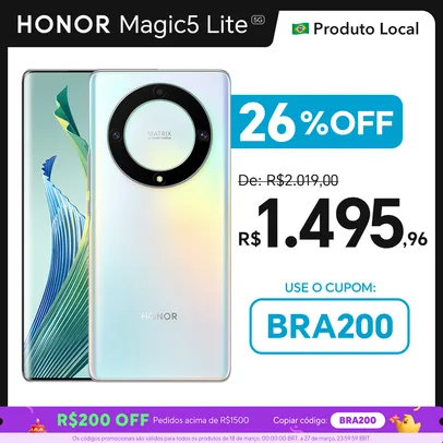 [BR] Smartphone Honor Magic 5 Lite 5G 8/256GB Snapdragon 695, Tela 6,67 polegadas 120 Hz AMOLED