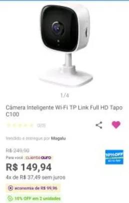 (APP)(Cliente Ouro)(Cupom)Câmera Inteligente Wi-Fi TP Link Full HD Tapo C100 | R$124