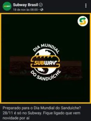 [Apenas 28/11] Compre um Subway e ganhe outro