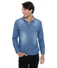 CAMISA MASCULINA JEANS PUÍDOS MANGA LONGA MARISA - R$40