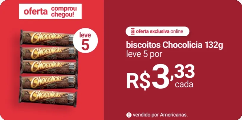 [Leve 5 R$16,65] Biscoito de Chocolate Recheado Chocolicia 132gr