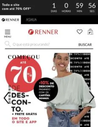 Renner 70% OFF + 10% com cartão Renner