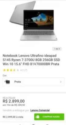 Notebook Lenovo Ultrafino ideapad S145 Ryzen 7-3700U 8GB 256GB SSD | R$2899