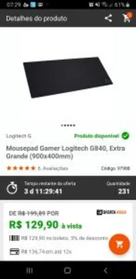 Mousepad Gamer Logitech G840, Extra Grande - R$130