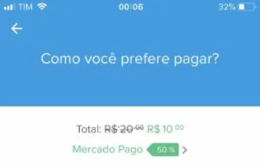 Desconto de 50% até R$ 20 recarga tim mercadopago