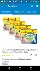 Lenço Umedecido MamyPoko Toque Suave - 4 Pacotes com 200 Unidades Cada por R$ 95