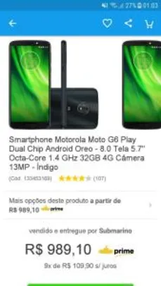 (Cartão Submarino) Smartphone Motorola Moto G6 Play Dual Chip Android Oreo - 8.0 Tela 5.7" Octa-Core 1.4 GHz 32GB 4G Câmera 13MP - Índigo - R$879