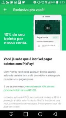Grátis: Picpay 10% de volta em  boleto até 100 reais (usuários selecionados) | Pelando