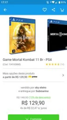 [APP] (AME 116,91) Game Mortal Kombat 11 Br - PS4 por R$ 130