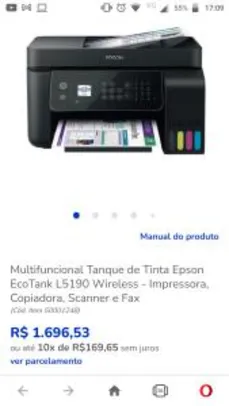 Multifuncional Tanque de Tinta Epson EcoTank L5190 Wireless - Impressora, Copiadora, Scanner e Fax