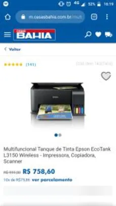 Multifuncional Tanque de Tinta Epson EcoTank L3150 Wireless - Impressora, Copiadora, Scanner | R$799