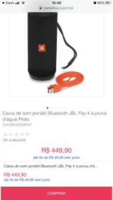 Caixa de som portátil Bluetooth JBL Flip 4 à prova d'água Preto